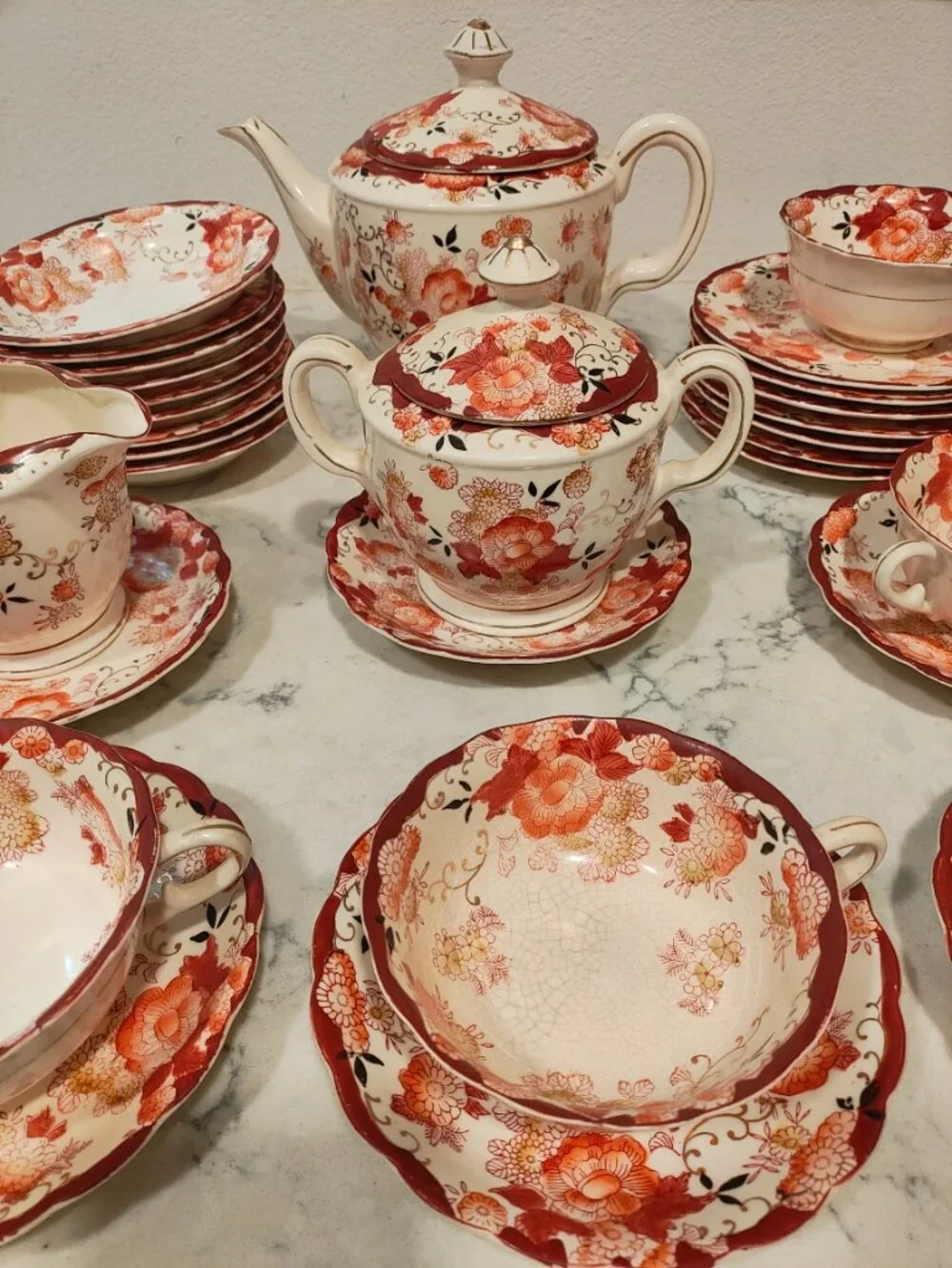 MORIYAMA MORI-MACHI JAPAN Antique China Tea Set Red Lotus